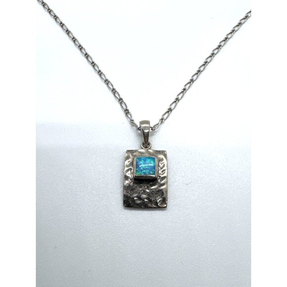 Sterling Silver 925 Necklace Artisan Hammered Pendant Blue Opal Style Inlay 16" - Picture 1 of 11